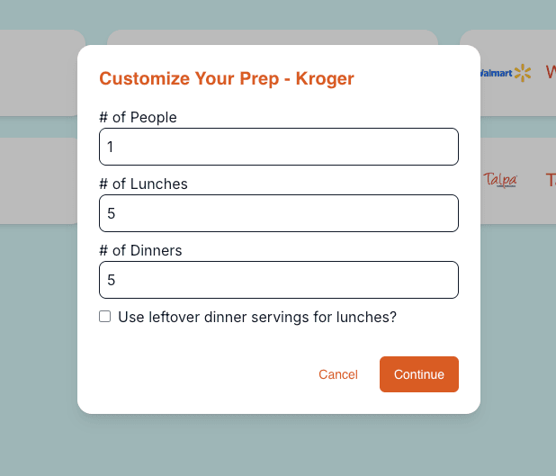 Meal selections